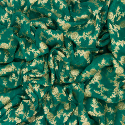 Sea Green Handloom Banarasi Khaddi Georgette Saree With Floral Motifs & Pink Border-Sea Green