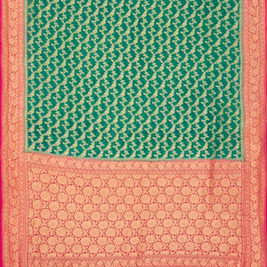 Sea Green Handloom Banarasi Khaddi Georgette Saree With Floral Motifs & Pink Border-Sea Green