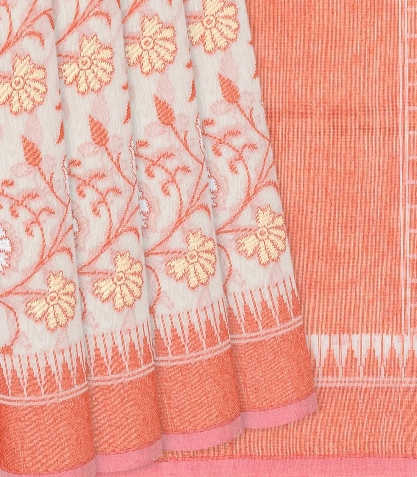 Sandal Handloom Banarasi Cotton Saree With Floral Vine Motifs-Sandal