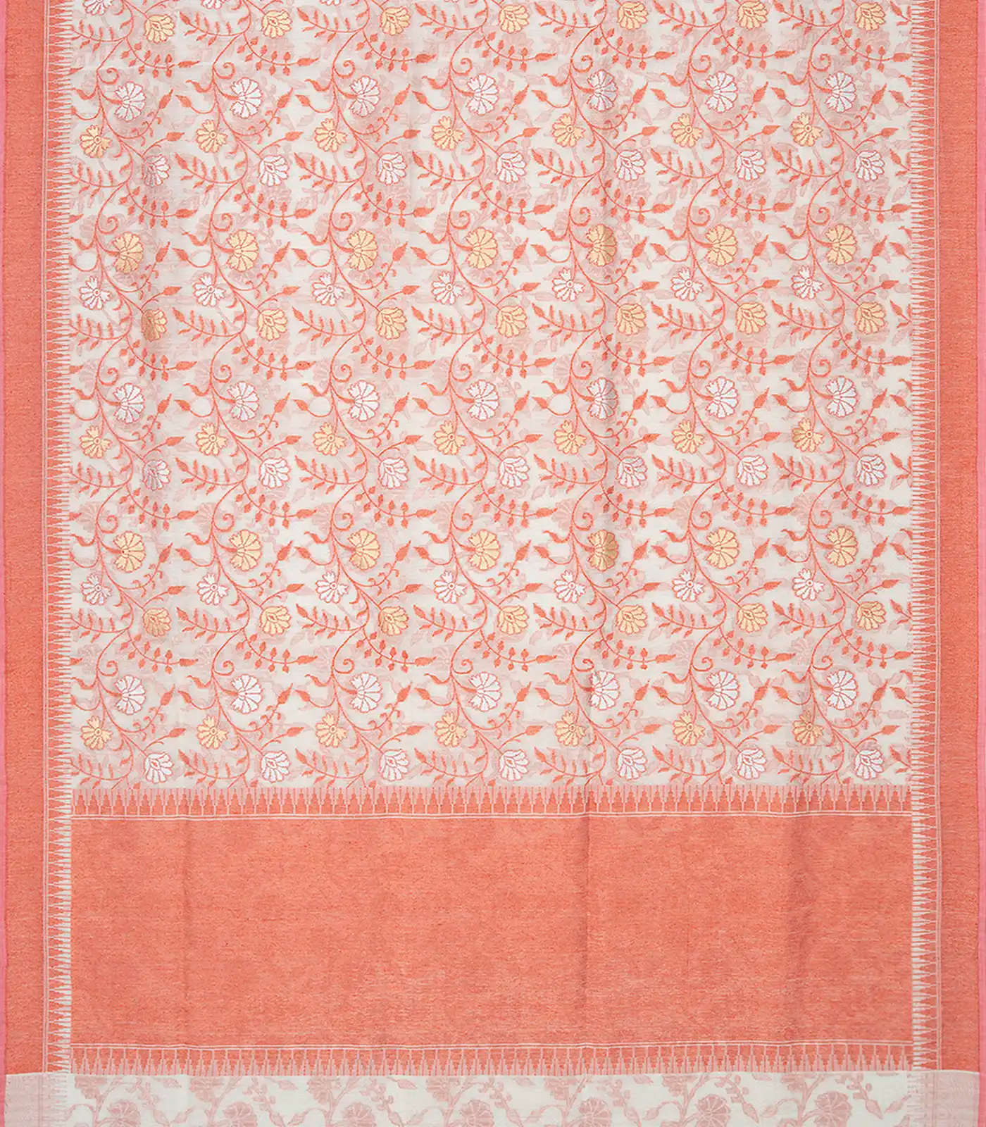 Sandal Handloom Banarasi Cotton Saree With Floral Vine Motifs-Sandal