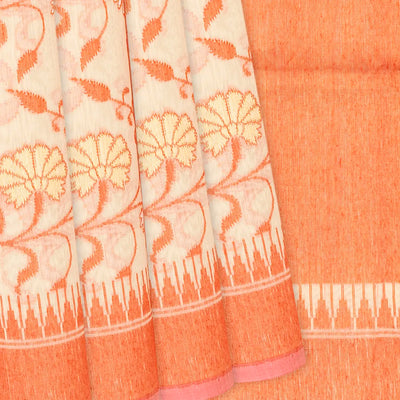 Sandal Handloom Banarasi Cotton Saree With Floral Vine Motifs-Sandal