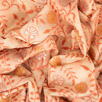 Sandal Handloom Banarasi Cotton Saree With Floral Vine Motifs-Sandal