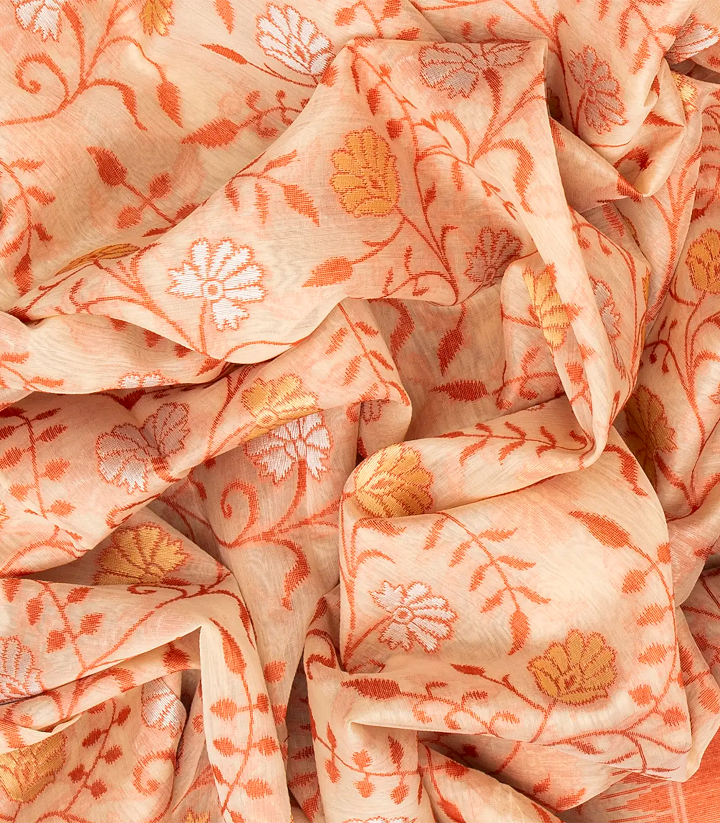 Sandal Handloom Banarasi Cotton Saree With Floral Vine Motifs-Sandal