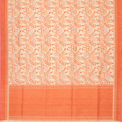 Sandal Handloom Banarasi Cotton Saree With Floral Vine Motifs-Sandal