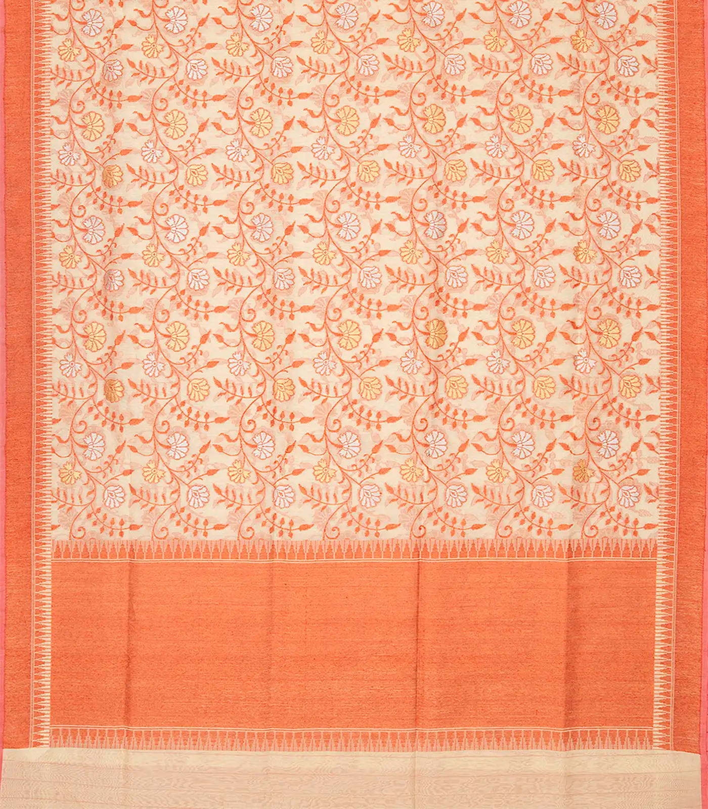Sandal Handloom Banarasi Cotton Saree With Floral Vine Motifs-Sandal