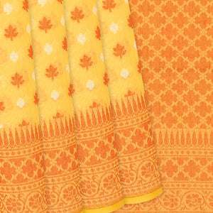 Yellow Handloom Banarasi Cotton Saree With Floral Motifs-Yellow