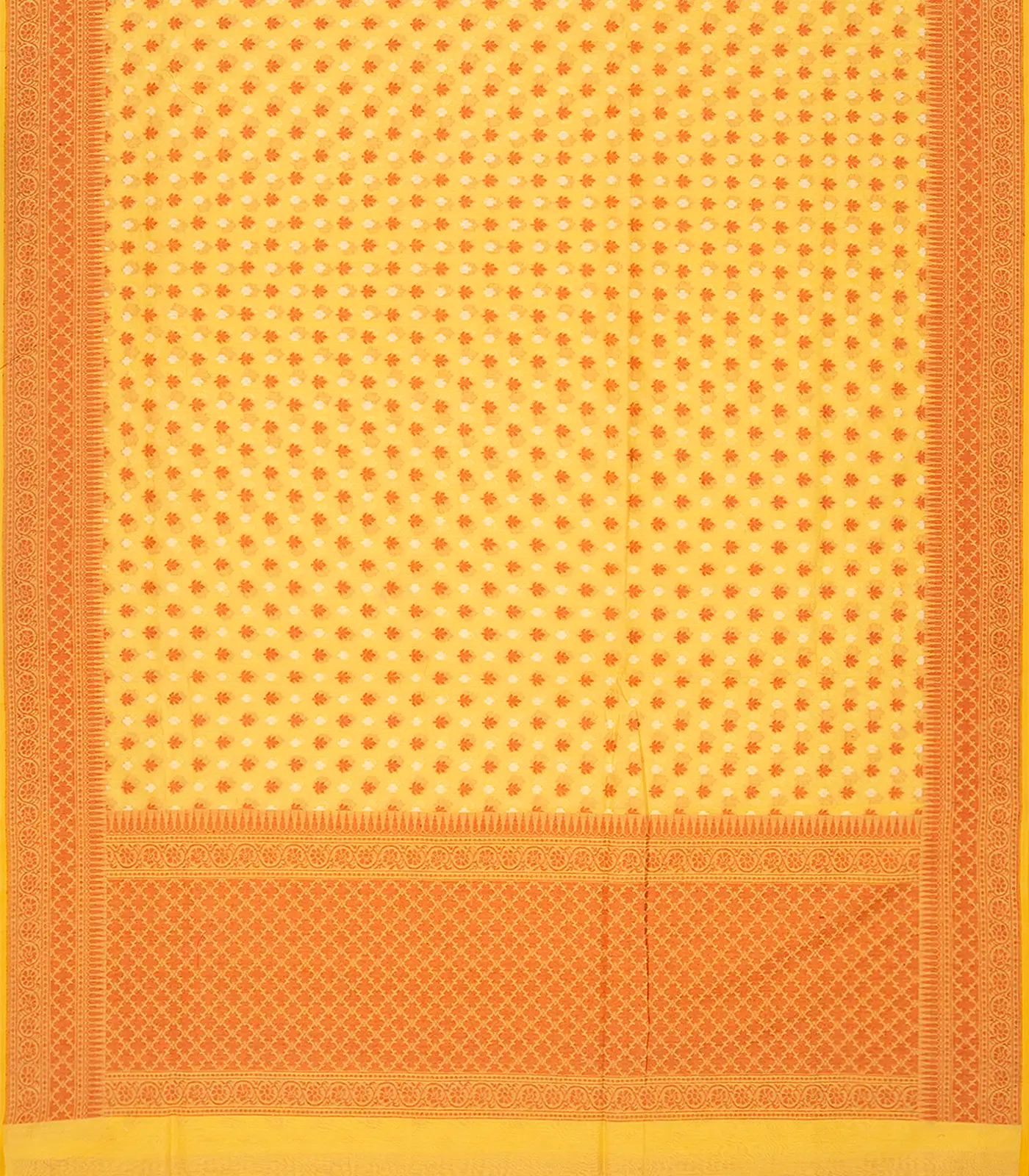 Yellow Handloom Banarasi Cotton Saree With Floral Motifs-Yellow