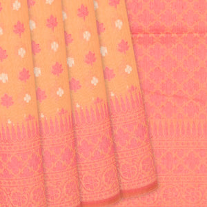 Peach Handloom Banarasi Cotton Saree With Floral Motifs-Peach