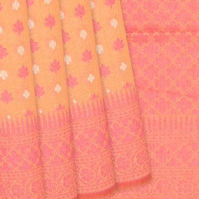 Peach Handloom Banarasi Cotton Saree With Floral Motifs-Peach