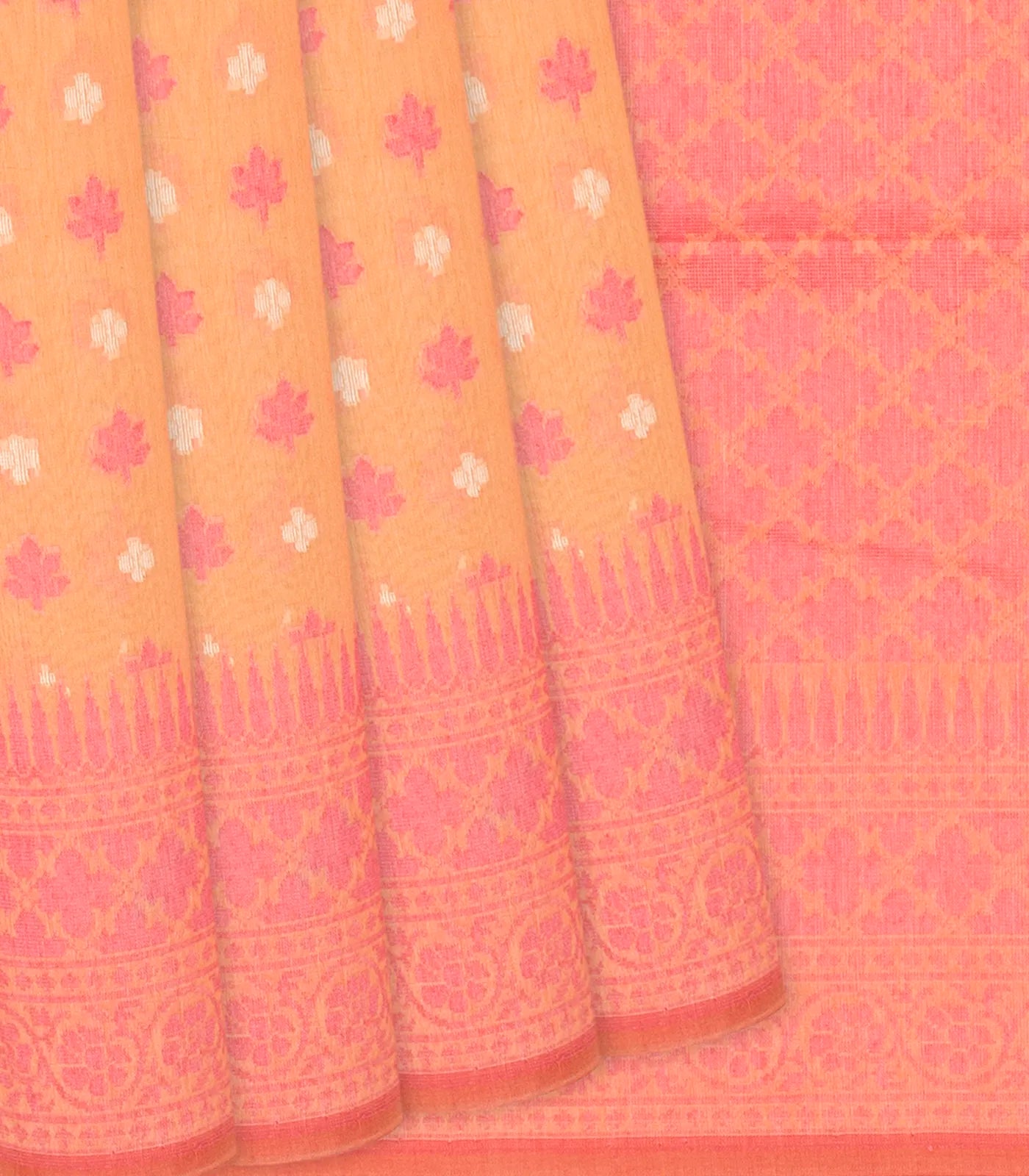 Peach Handloom Banarasi Cotton Saree With Floral Motifs-Peach