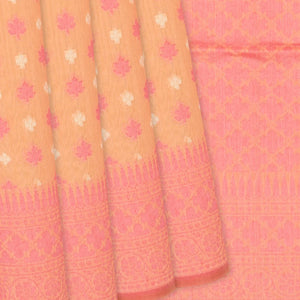 Peach Handloom Banarasi Cotton Saree With Floral Motifs-Peach