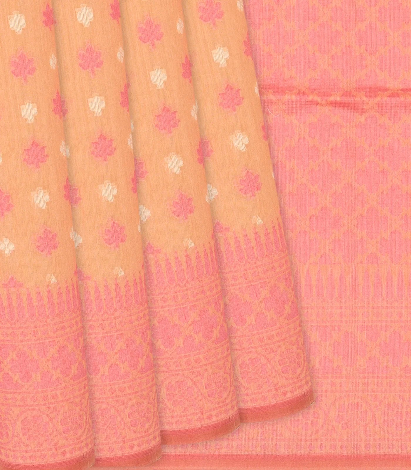 Peach Handloom Banarasi Cotton Saree With Floral Motifs-Peach