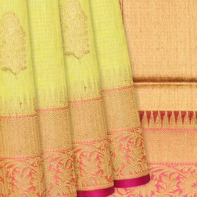 Yellow Handloom Banarasi Linen Saree With Floral Zari Buttas-Yellow
