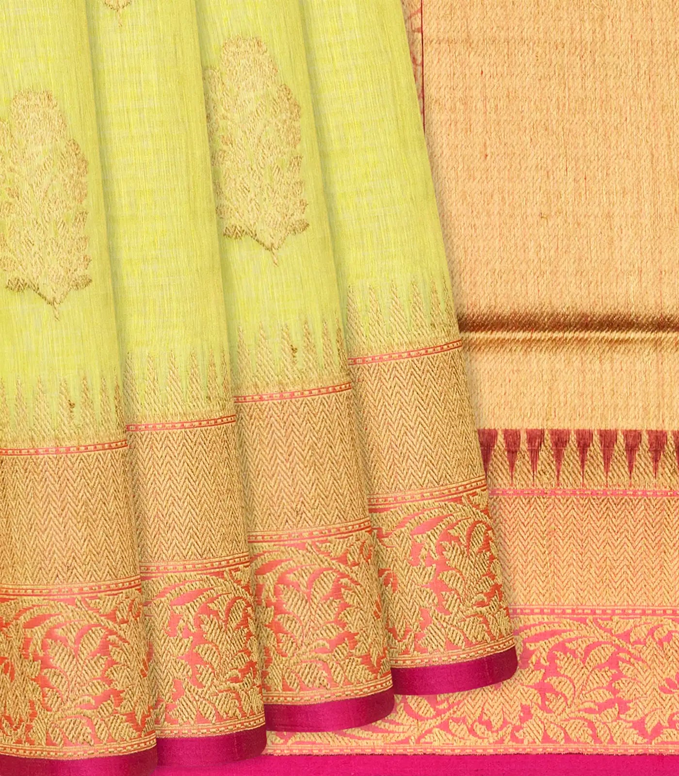 Yellow Handloom Banarasi Linen Saree With Floral Zari Buttas-Yellow