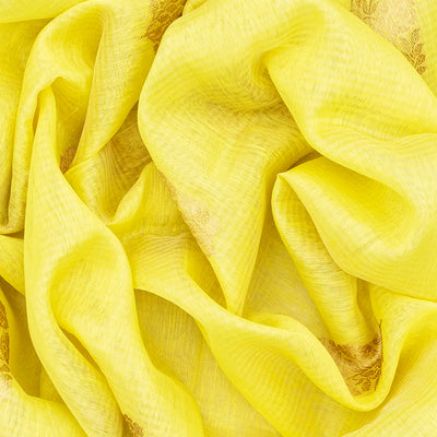 Yellow Handloom Banarasi Linen Saree With Floral Zari Buttas-Yellow