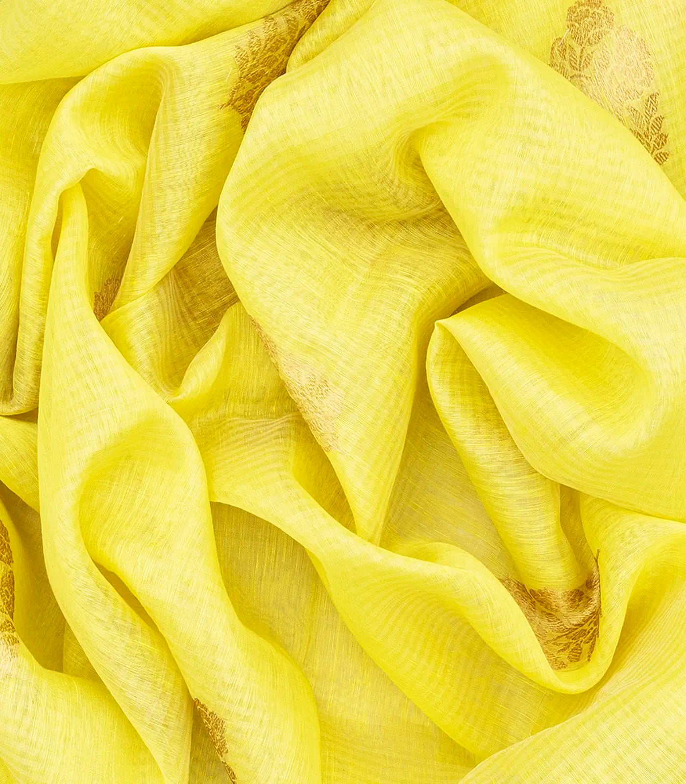 Yellow Handloom Banarasi Linen Saree With Floral Zari Buttas-Yellow