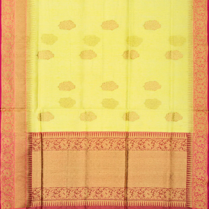 Yellow Handloom Banarasi Linen Saree With Floral Zari Buttas-Yellow