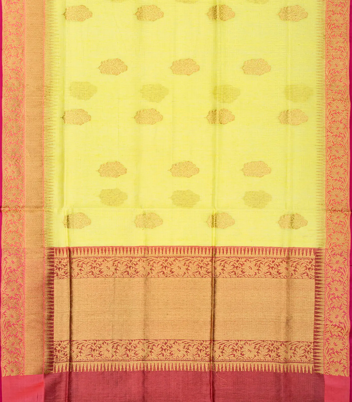 Yellow Handloom Banarasi Linen Saree With Floral Zari Buttas-Yellow