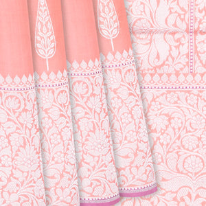 Peach Handloom Banarasi Silk Saree With Floral Buttas-Peach