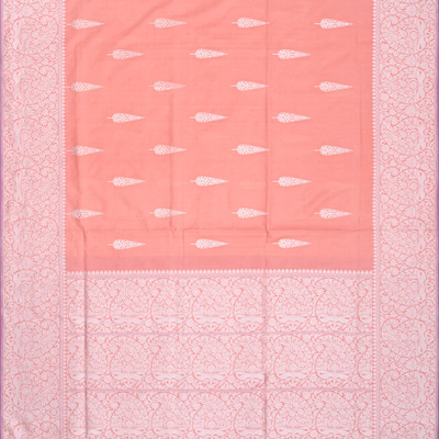 Peach Handloom Banarasi Silk Saree With Floral Buttas-Peach