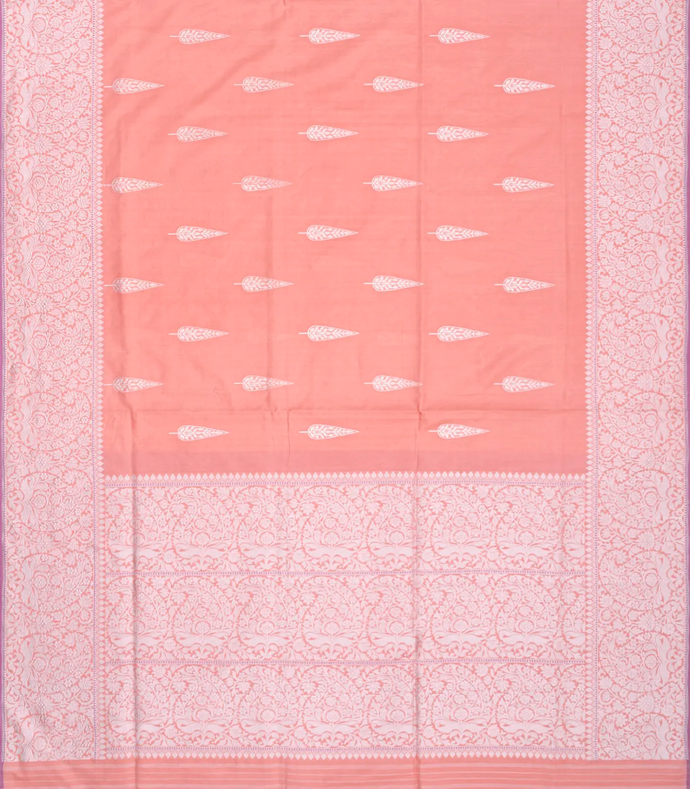 Peach Handloom Banarasi Silk Saree With Floral Buttas-Peach