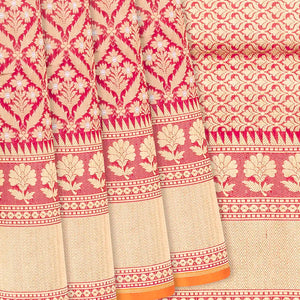 Pink Handloom Banarasi Silk Saree With Floral Motifs-Pink