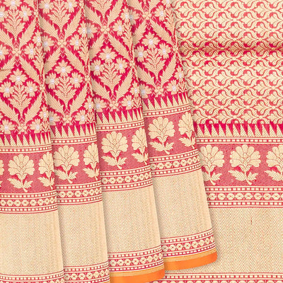 Pink Handloom Banarasi Silk Saree With Floral Motifs-Pink
