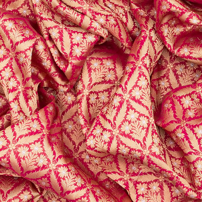 Pink Handloom Banarasi Silk Saree With Floral Motifs-Pink
