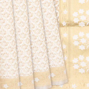 Cream Handloom Banarasi Kora Silk Saree With Floral Motifs-Cream