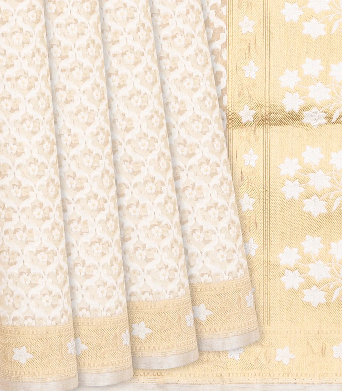 Cream Handloom Banarasi Kora Silk Saree With Floral Motifs-Cream