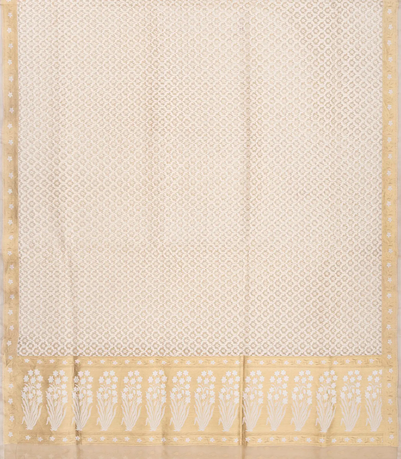 Cream Handloom Banarasi Kora Silk Saree With Floral Motifs-Cream