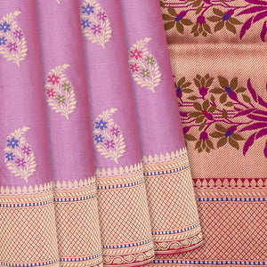 Lavender Handloom Banarasi Silk Saree With Meena Buttas-Lavander
