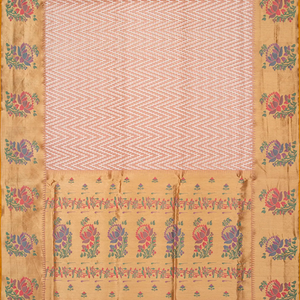 Light Peach Handloom Banarasi Kora Silk Saree With Chevron Motifs-Light Peach