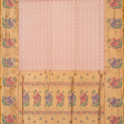 Light Peach Handloom Banarasi Kora Silk Saree With Chevron Motifs-Light Peach