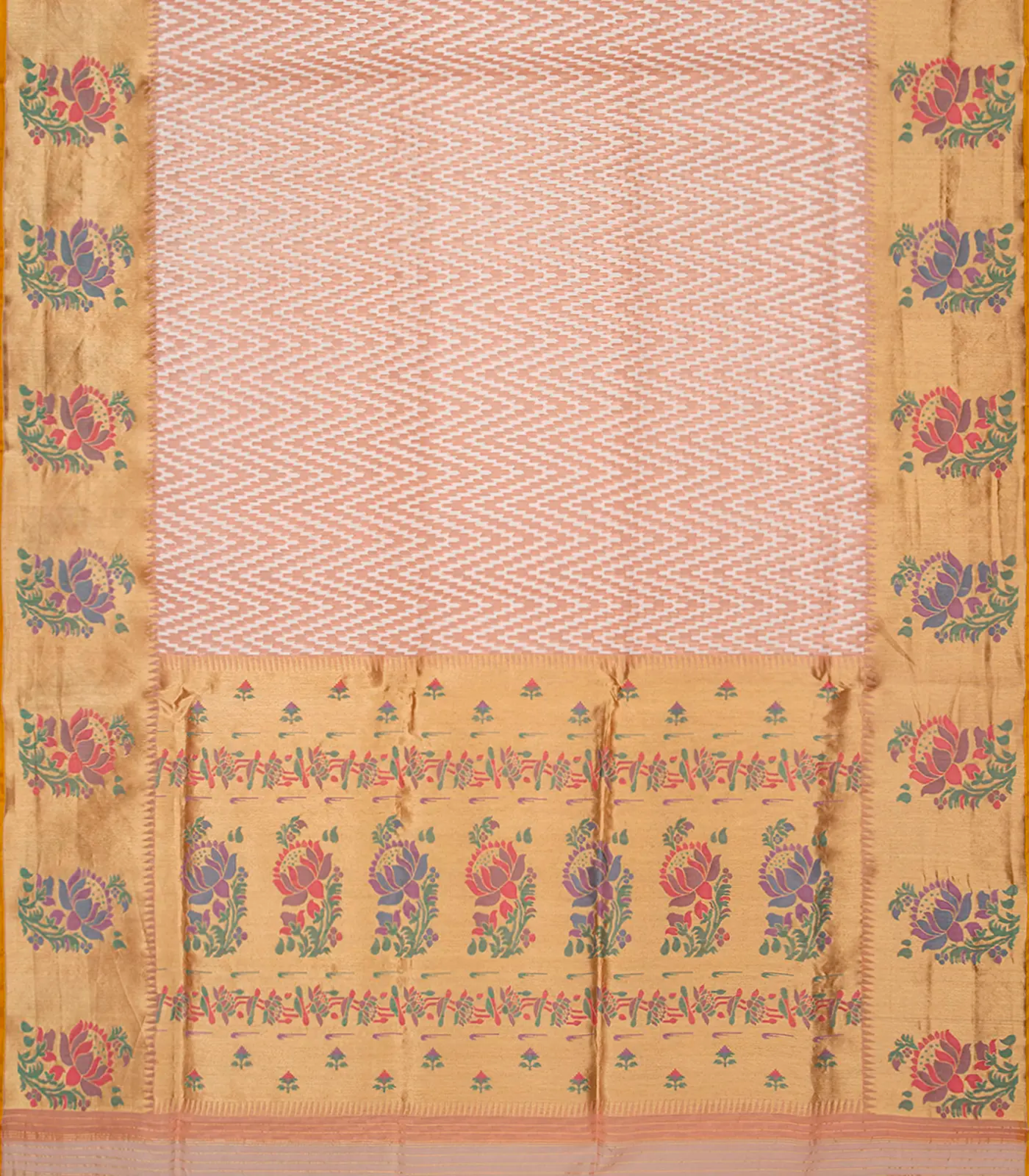 Light Peach Handloom Banarasi Kora Silk Saree With Chevron Motifs-Light Peach