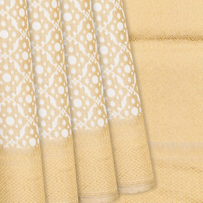 Cream Handloom Banarasi Tissue Silk Saree With Jaal Motifs-Cream