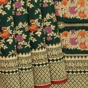 Bottle Green Handloom Banarasi Silk Saree With Meena Floral Motifs-Bottle Green