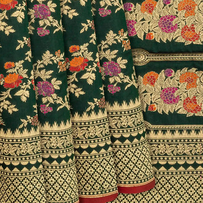 Bottle Green Handloom Banarasi Silk Saree With Meena Floral Motifs-Bottle Green