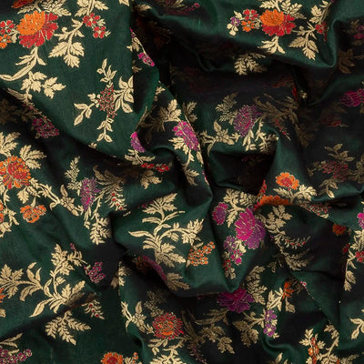 Bottle Green Handloom Banarasi Silk Saree With Meena Floral Motifs-Bottle Green