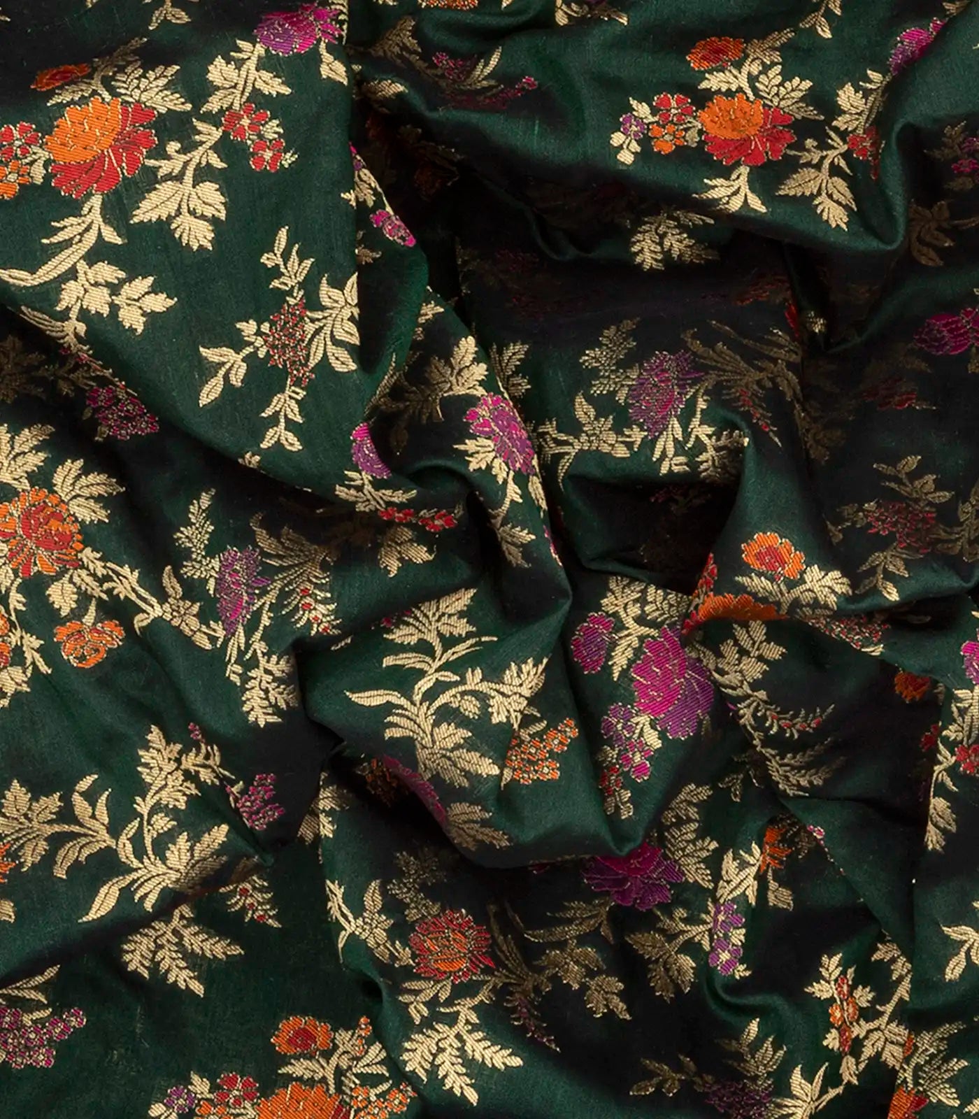 Bottle Green Handloom Banarasi Silk Saree With Meena Floral Motifs-Bottle Green