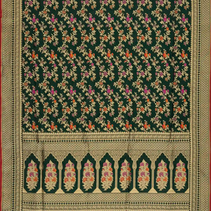 Bottle Green Handloom Banarasi Silk Saree With Meena Floral Motifs-Bottle Green