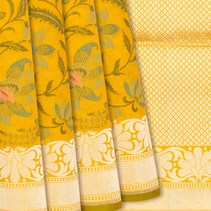Mustard Handloom Banarasi Silk Saree With Floral Motifs-Mustard