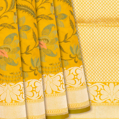 Mustard Handloom Banarasi Silk Saree With Floral Motifs-Mustard