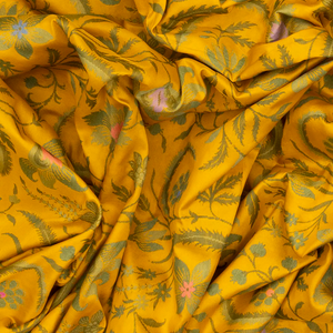 Mustard Handloom Banarasi Silk Saree With Floral Motifs-Mustard