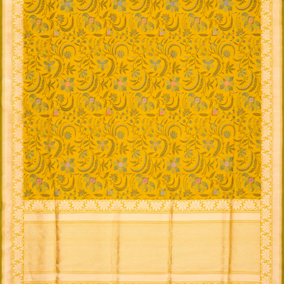 Mustard Handloom Banarasi Silk Saree With Floral Motifs-Mustard