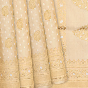 Cream Handloom Banarasi Tissue Silk Saree With Mango Motifs-Cream