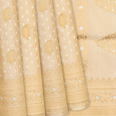 Cream Handloom Banarasi Tissue Silk Saree With Mango Motifs-Cream