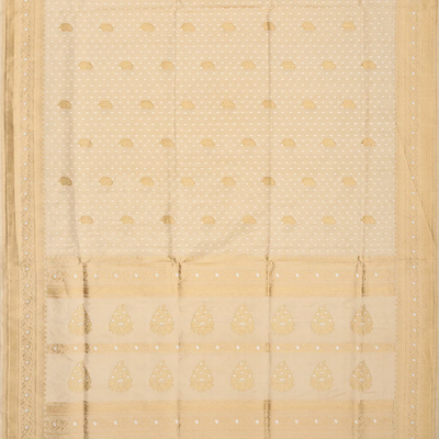 Cream Handloom Banarasi Tissue Silk Saree With Mango Motifs-Cream