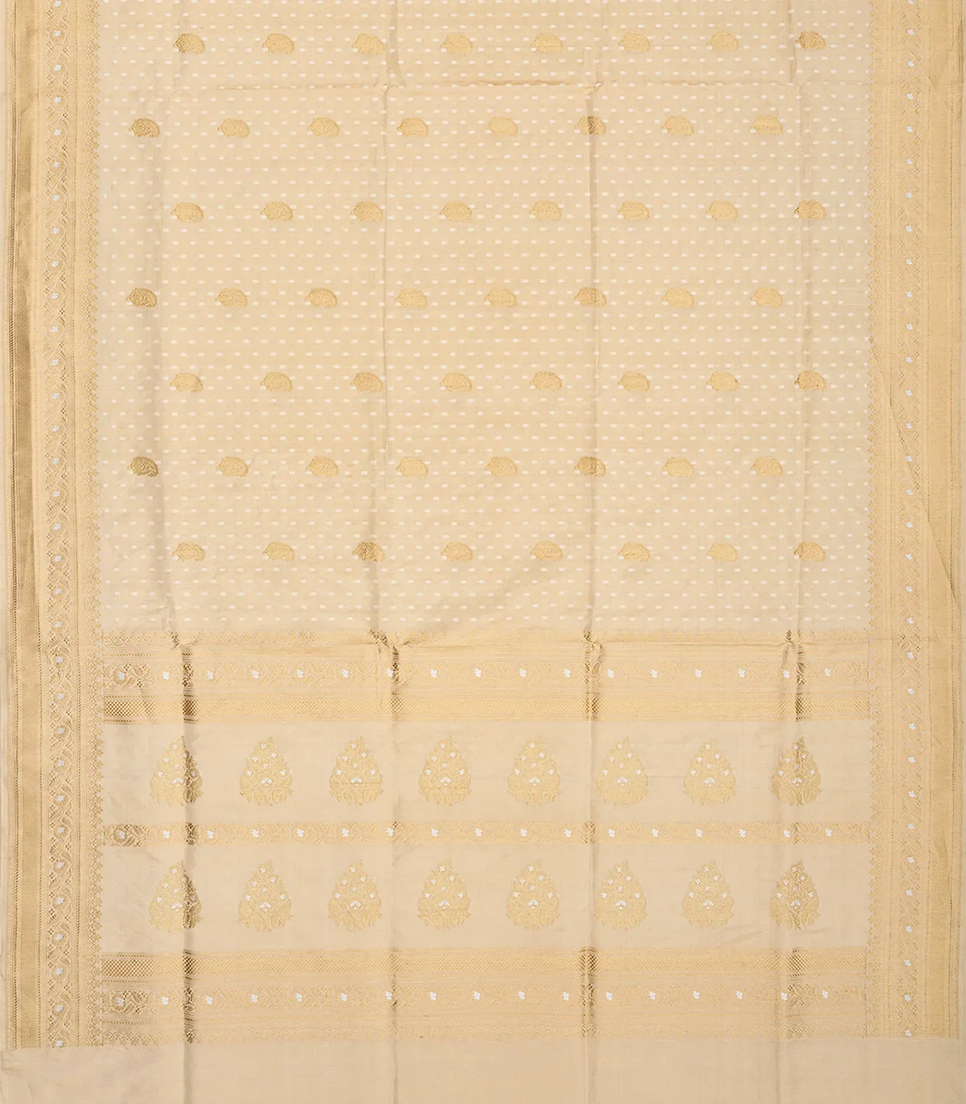 Cream Handloom Banarasi Tissue Silk Saree With Mango Motifs-Cream