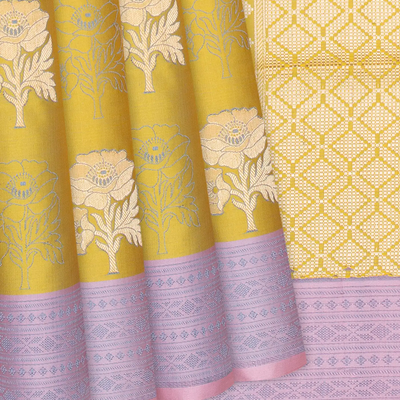 Olive Green Handloom Banarasi Satin Silk Saree With Floral Motifs-Olive Green